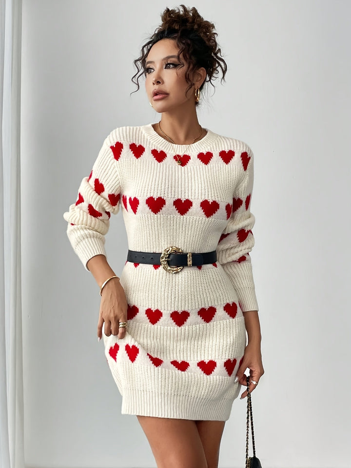 Halvindra | Damen Strickkleid mit Herzmuster Langarm - Cream - Image 3