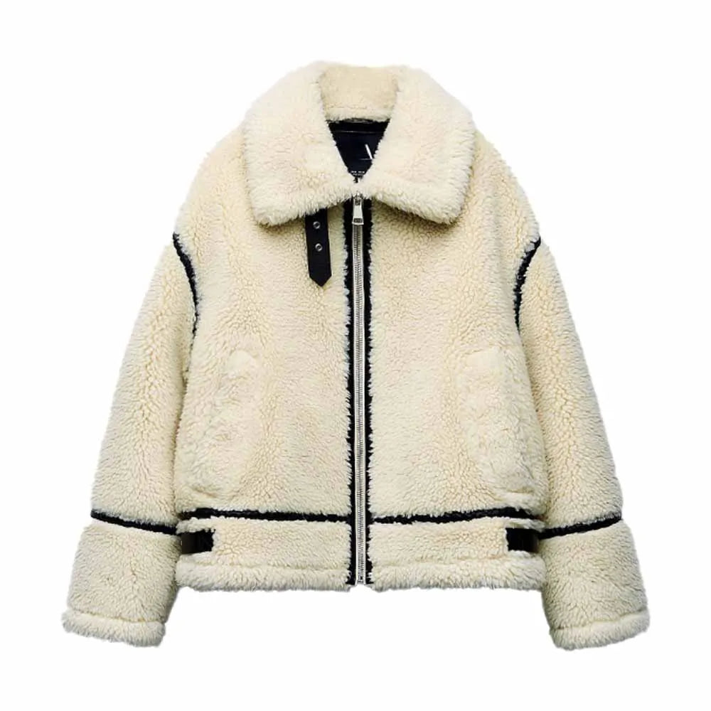 Halvindra | Damen Teddyjacke Oversize mit Kontraststreifen - Cream - Image 1