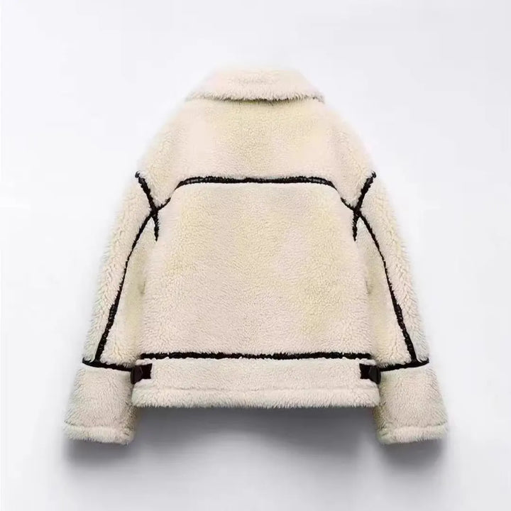 Halvindra | Damen Teddyjacke Oversize mit Kontraststreifen - Cream - Image 4