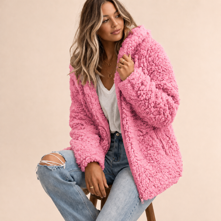 Halvine | Damen Flauschiger Wintermantel Oversize - Pink - Image 1