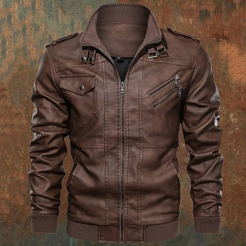 Halvorn | Herren Lederjacke Bikerjacke mit Stehkragen - Brown - Image 1
