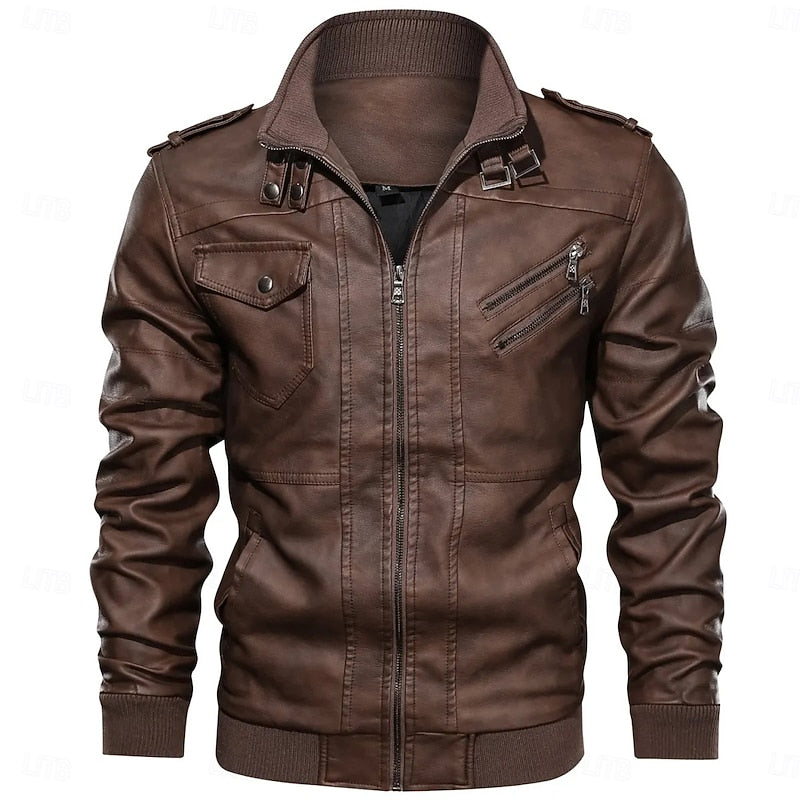 Halvorn | Herren Lederjacke Bikerjacke mit Stehkragen - Brown - Image 2