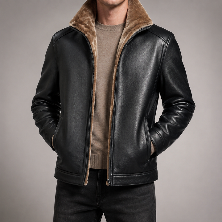 Halvorn | Herren Lederjacke mit Fellkragen Winterjacke - Black - Image 3
