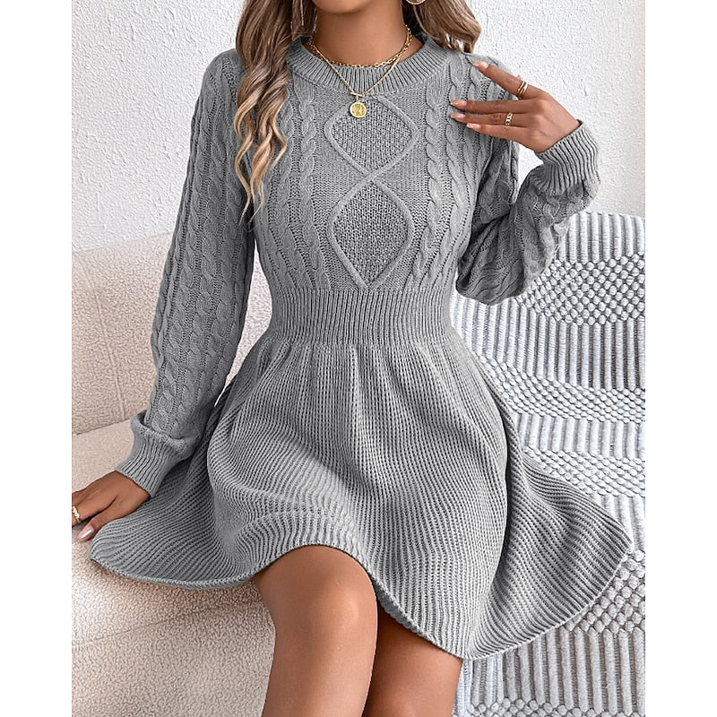 Halvra | Damen Strickkleid Zopfmuster Langarm Mini - Grey - Image 1