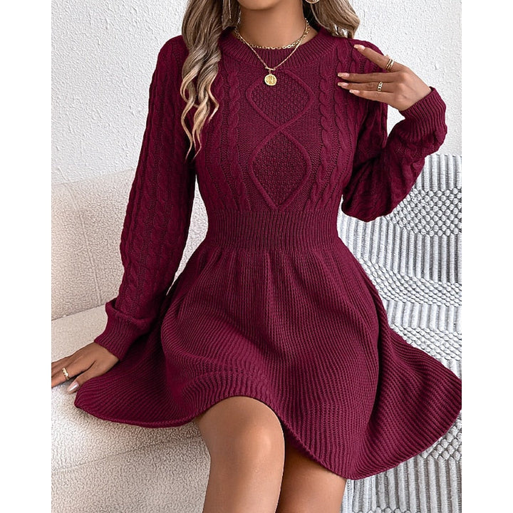 Halvra | Damen Strickkleid Zopfmuster Langarm Mini - Grey - Image 11
