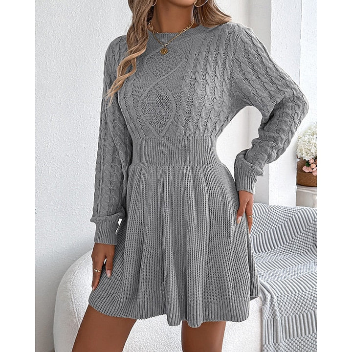 Halvra | Damen Strickkleid Zopfmuster Langarm Mini - Grey - Image 2