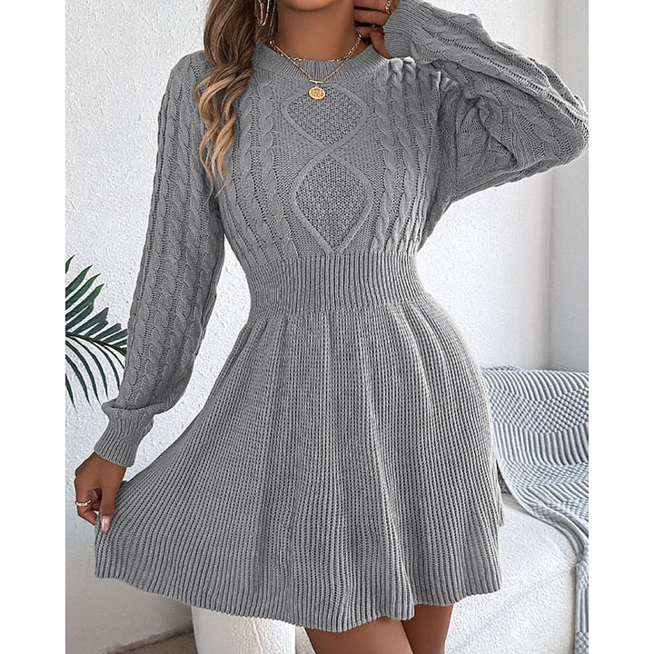 Halvra | Damen Strickkleid Zopfmuster Langarm Mini - Grey - Image 4