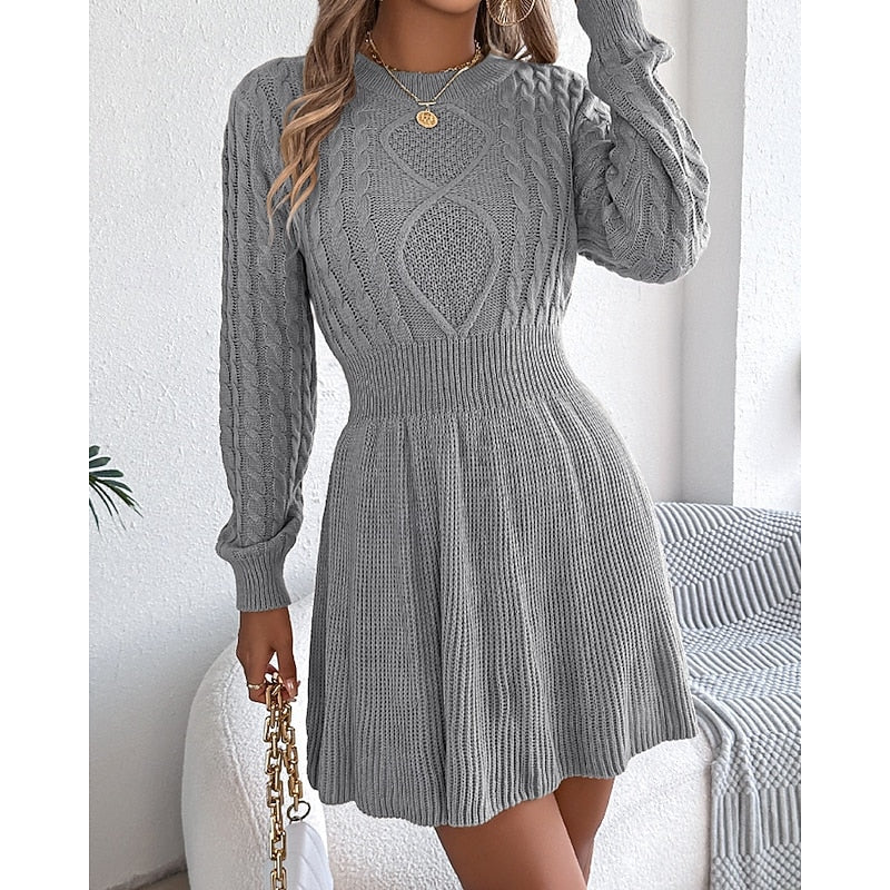 Halvra | Damen Strickkleid Zopfmuster Langarm Mini - Grey - Image 5