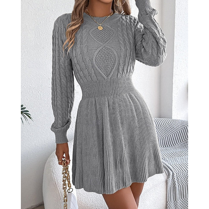 Halvra | Damen Strickkleid Zopfmuster Langarm Mini - Grey - Image 5