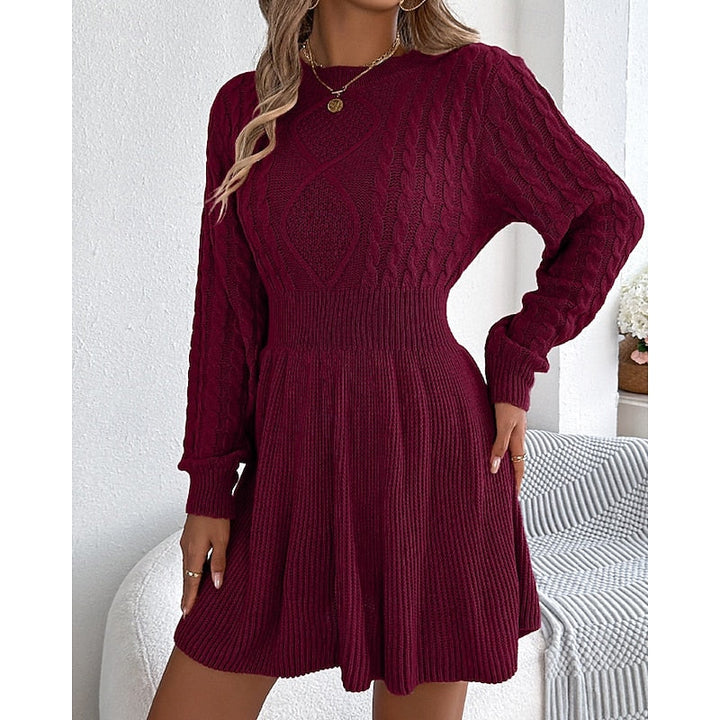 Halvra | Damen Strickkleid Zopfmuster Langarm Mini - Grey - Image 7