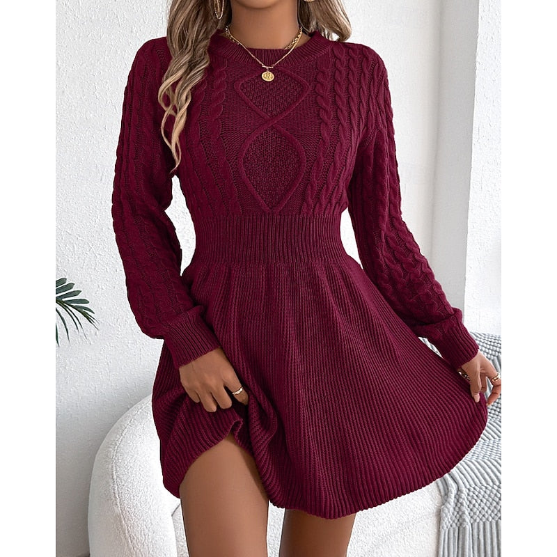 Halvra | Damen Strickkleid Zopfmuster Langarm Mini - Grey - Image 8