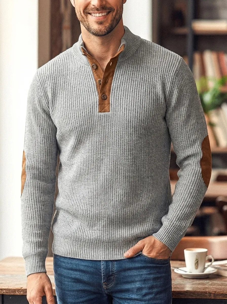 Halvrek | Herren Strickpullover Stehkragen Ellbogenpatches - Light Grey - Image 1