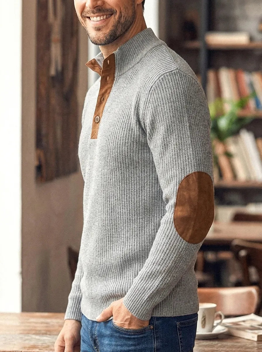 Halvrek | Herren Strickpullover Stehkragen Ellbogenpatches - Light Grey - Image 2