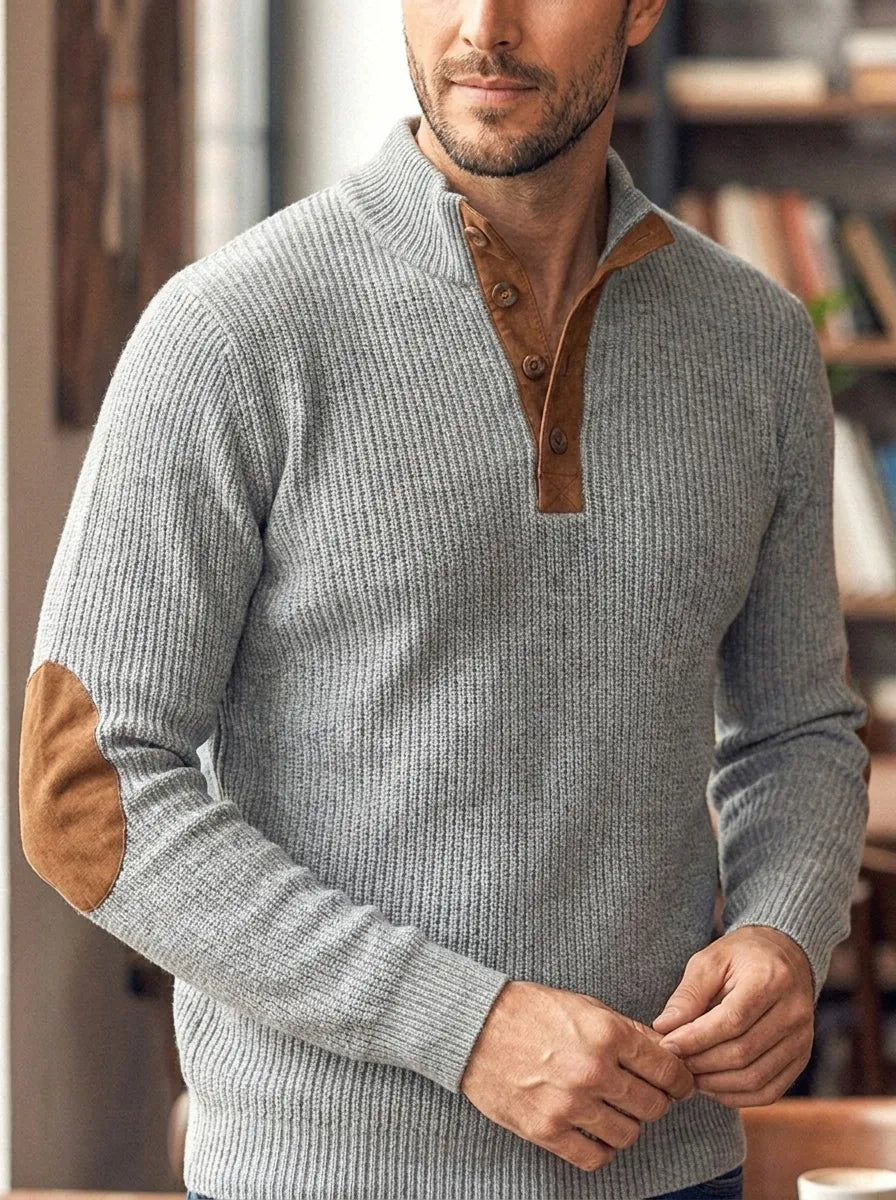 Halvrek | Herren Strickpullover Stehkragen Ellbogenpatches - Light Grey - Image 3