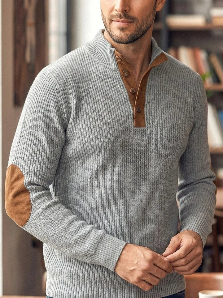 Halvrek | Herren Strickpullover Stehkragen Ellbogenpatches - Light Grey - Image 3