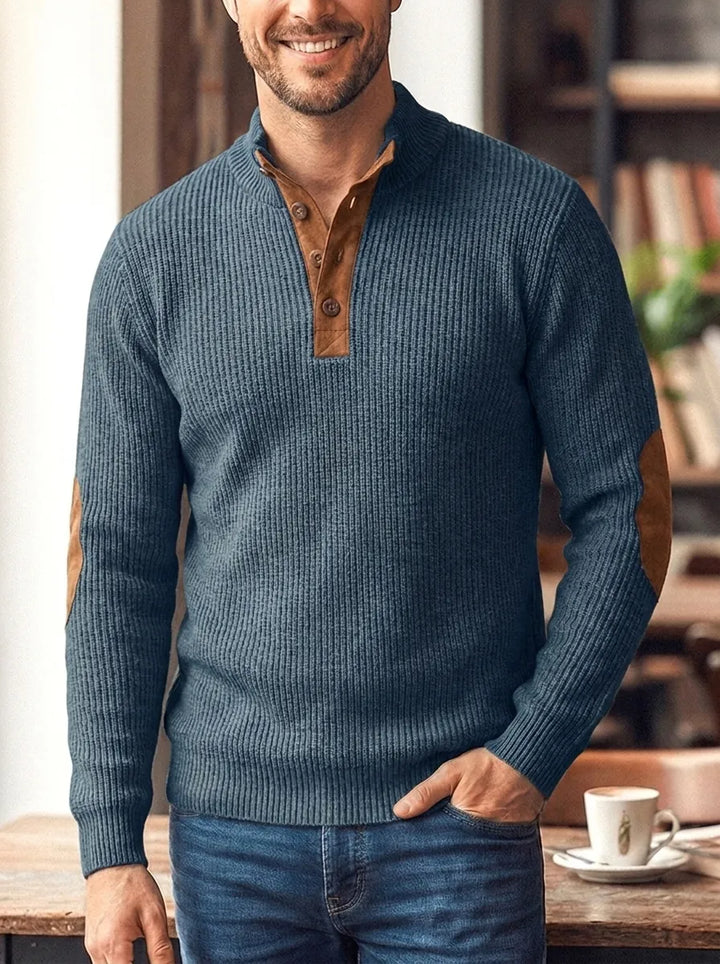 Halvrek | Herren Strickpullover Stehkragen Ellbogenpatches - Light Grey - Image 4