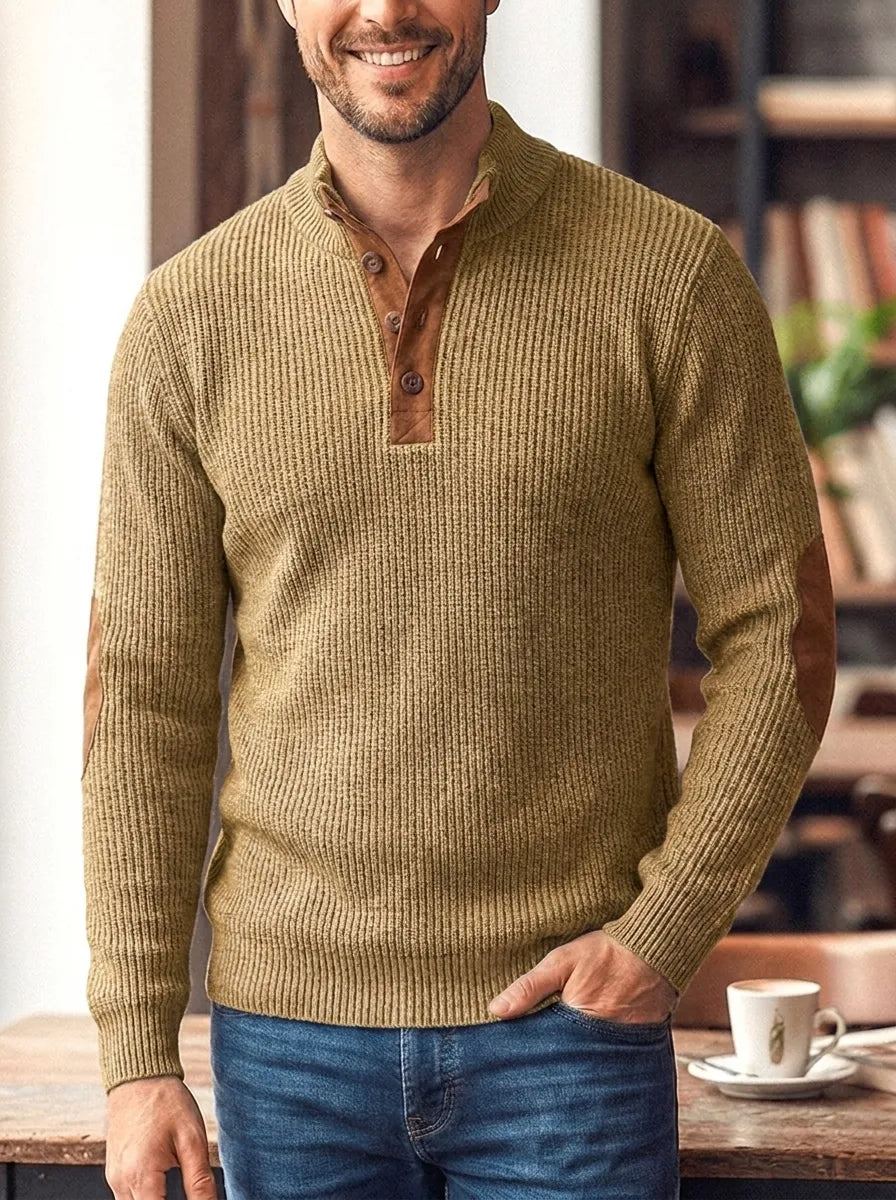 Halvrek | Herren Strickpullover Stehkragen Ellbogenpatches - Light Grey - Image 5