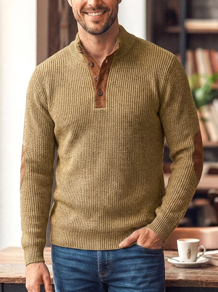 Halvrek | Herren Strickpullover Stehkragen Ellbogenpatches - Light Grey - Image 5