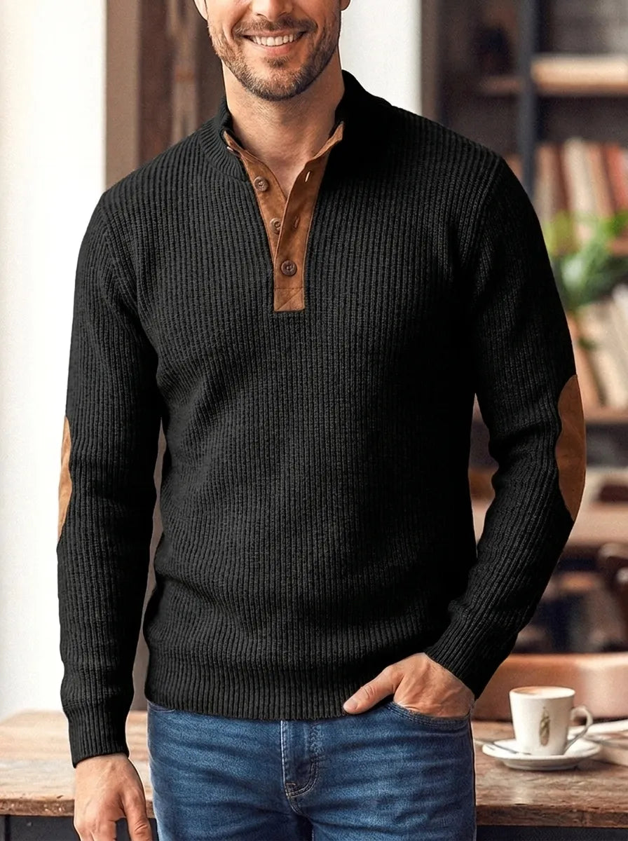 Halvrek | Herren Strickpullover Stehkragen Ellbogenpatches - Light Grey - Image 6