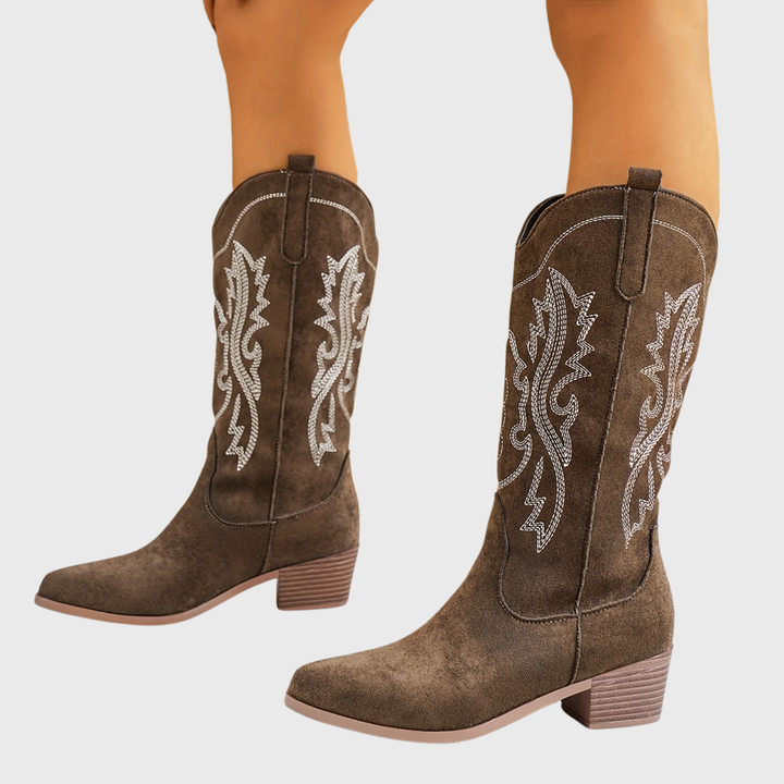 Halvrun | Damen Westernstiefel Kniehoch mit Stickerei - Dark Brown - Image 1