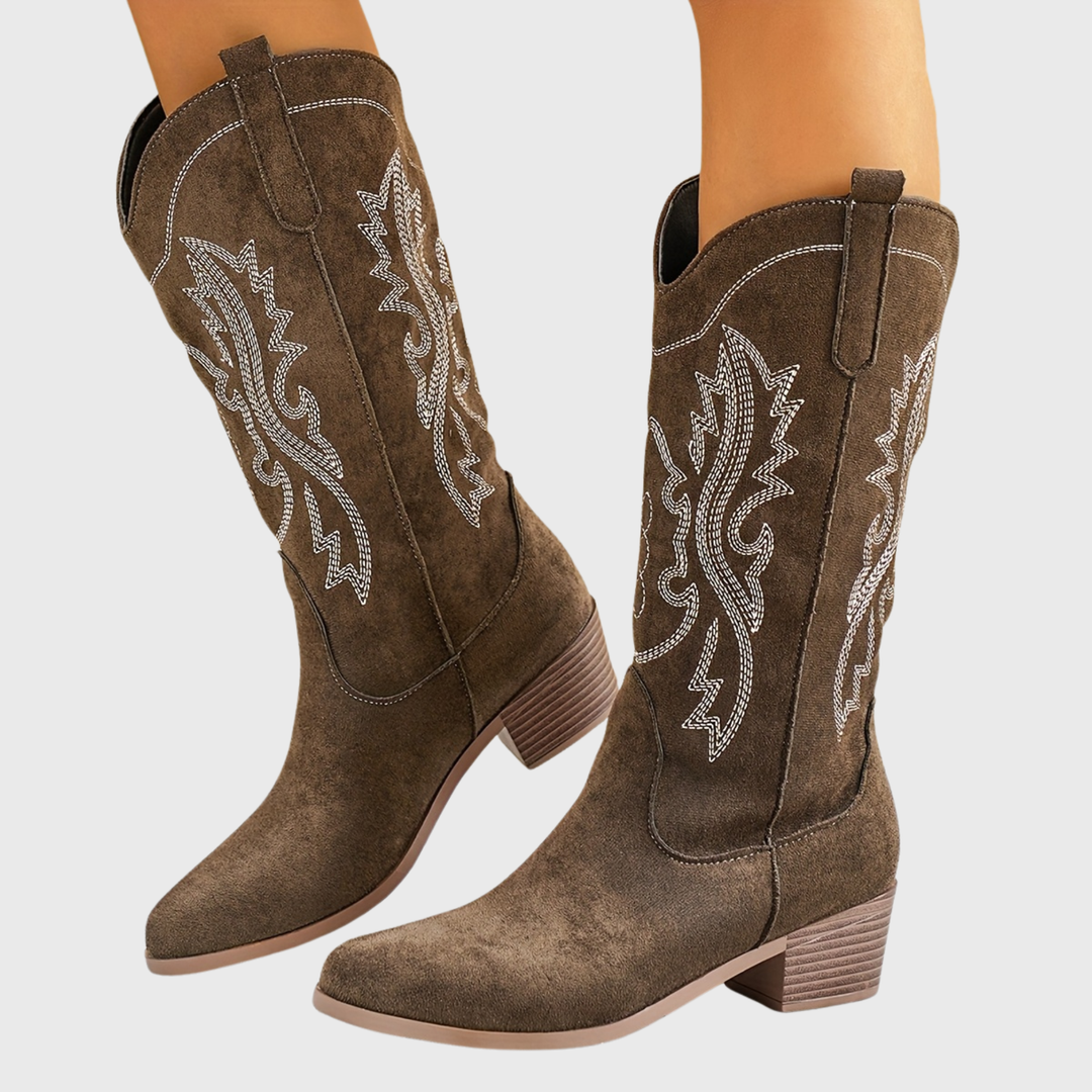 Halvrun | Damen Westernstiefel Kniehoch mit Stickerei - Dark Brown - Image 3
