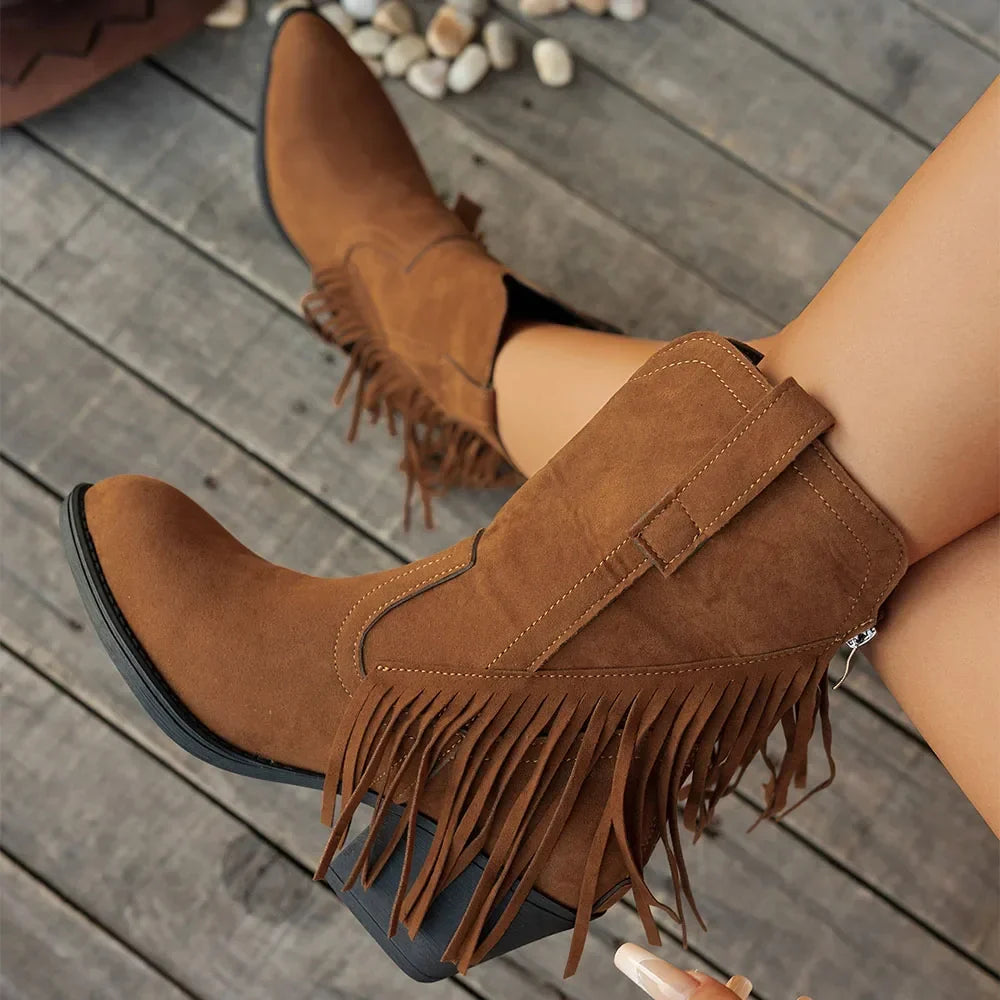 Halvwen | Damen Fransen-Stiefel Western Mid-Calf - Brown - Image 1
