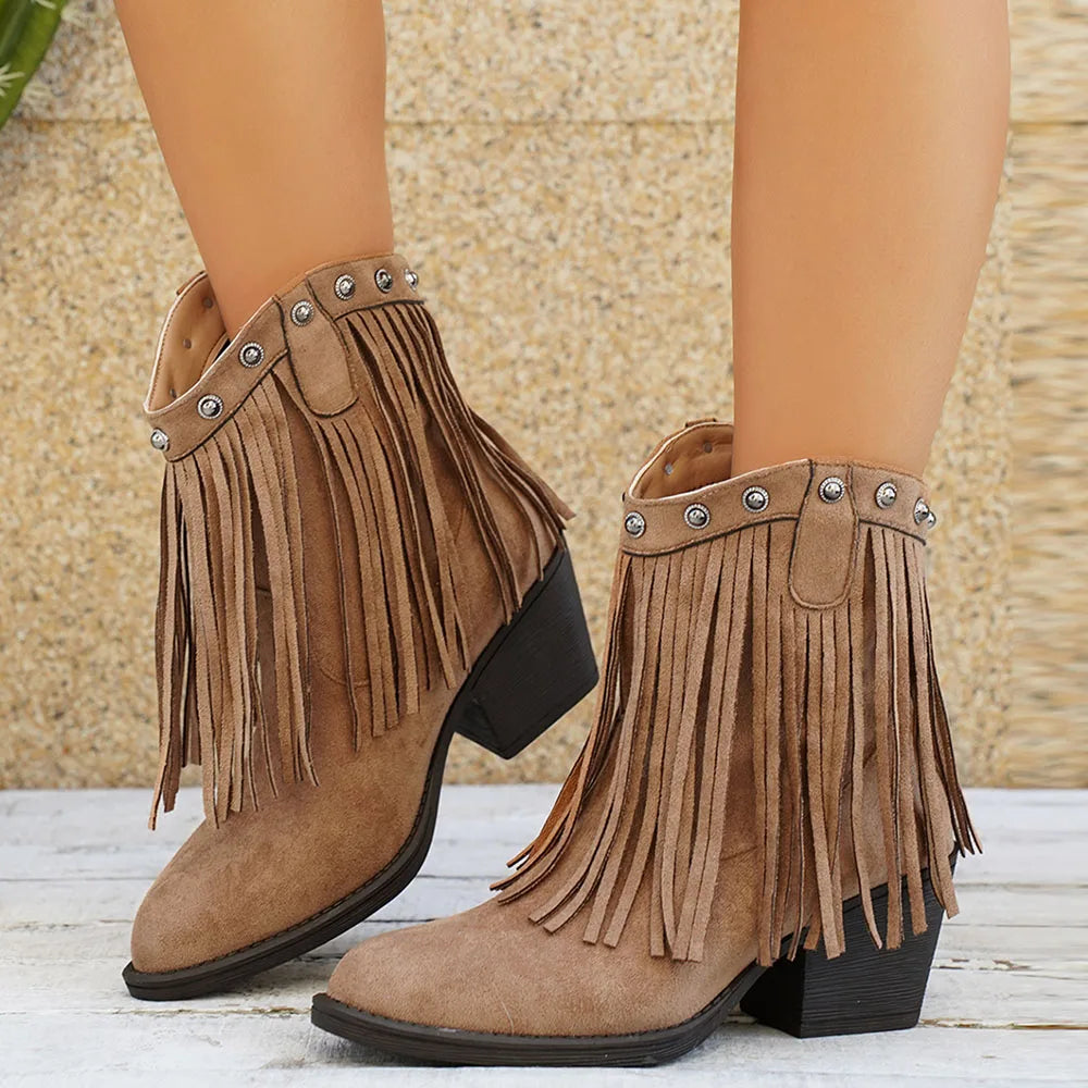 Halvwen | Damen Fransen-Stiefel Western Mid-Calf - Brown - Image 10