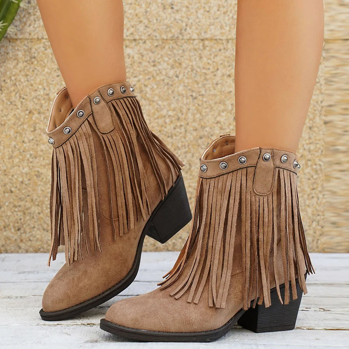 Halvwen | Damen Fransen-Stiefel Western Mid-Calf - Brown - Image 10