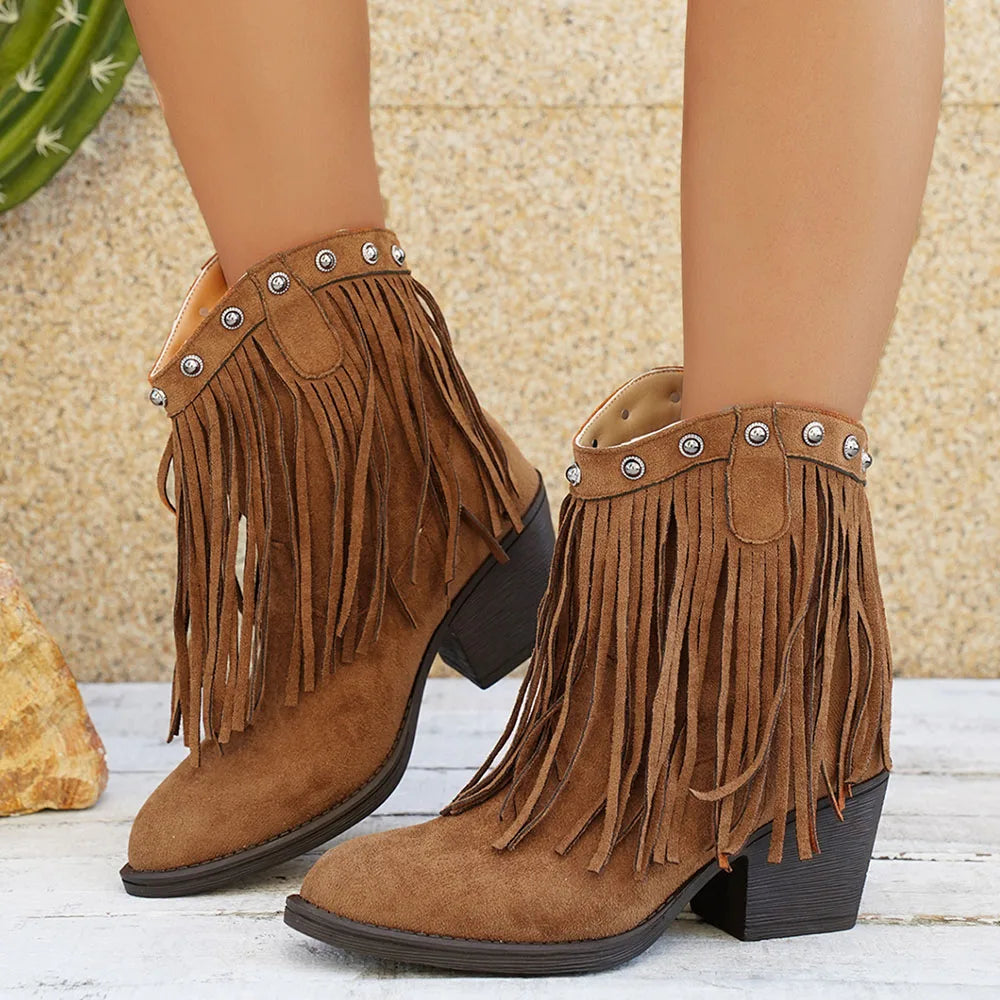Halvwen | Damen Fransen-Stiefel Western Mid-Calf - Brown - Image 11