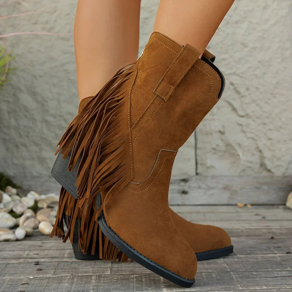 Halvwen | Damen Fransen-Stiefel Western Mid-Calf - Brown - Image 2
