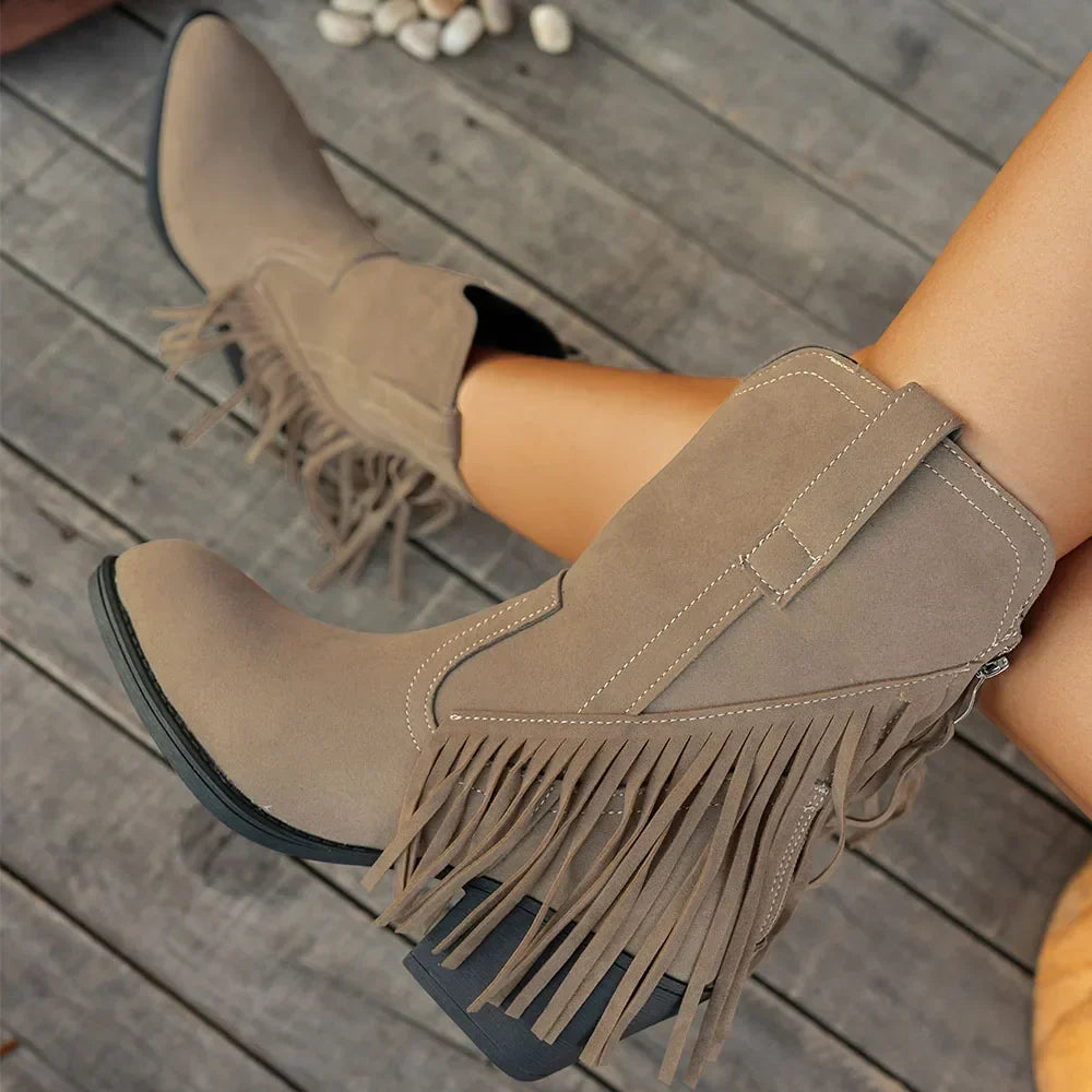 Halvwen | Damen Fransen-Stiefel Western Mid-Calf - Brown - Image 3