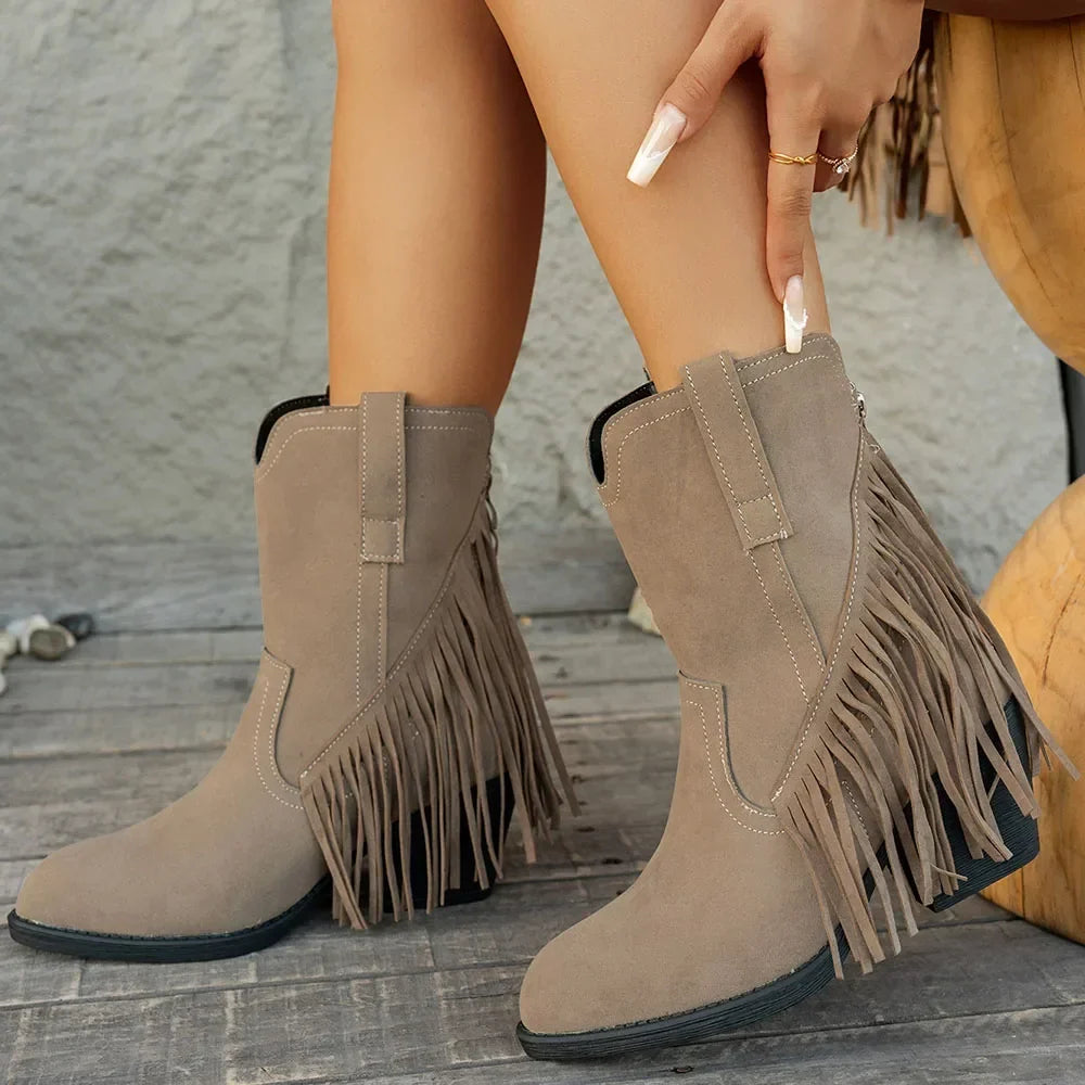 Halvwen | Damen Fransen-Stiefel Western Mid-Calf - Brown - Image 4