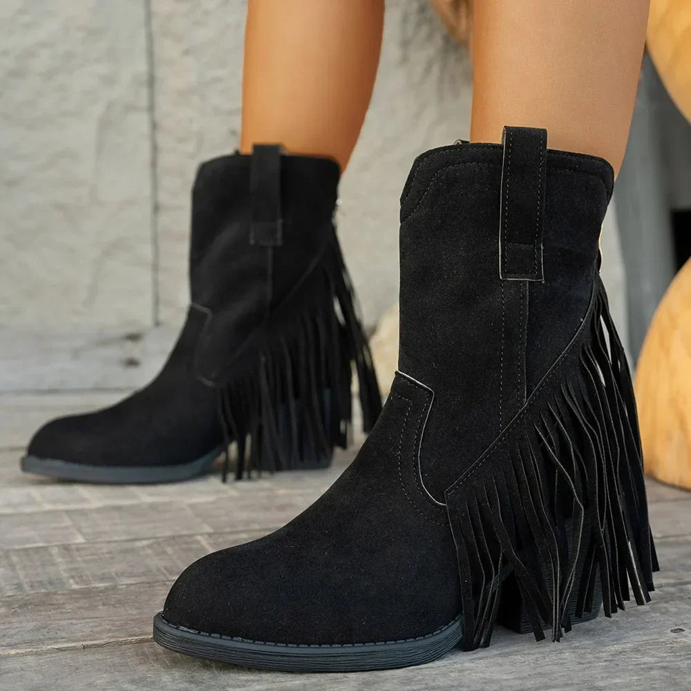 Halvwen | Damen Fransen-Stiefel Western Mid-Calf - Brown - Image 5