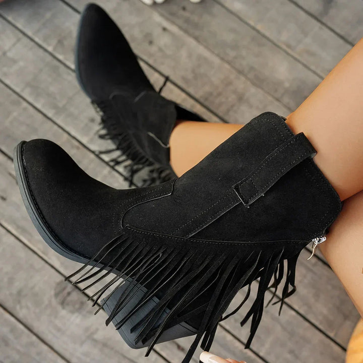 Halvwen | Damen Fransen-Stiefel Western Mid-Calf - Brown - Image 6