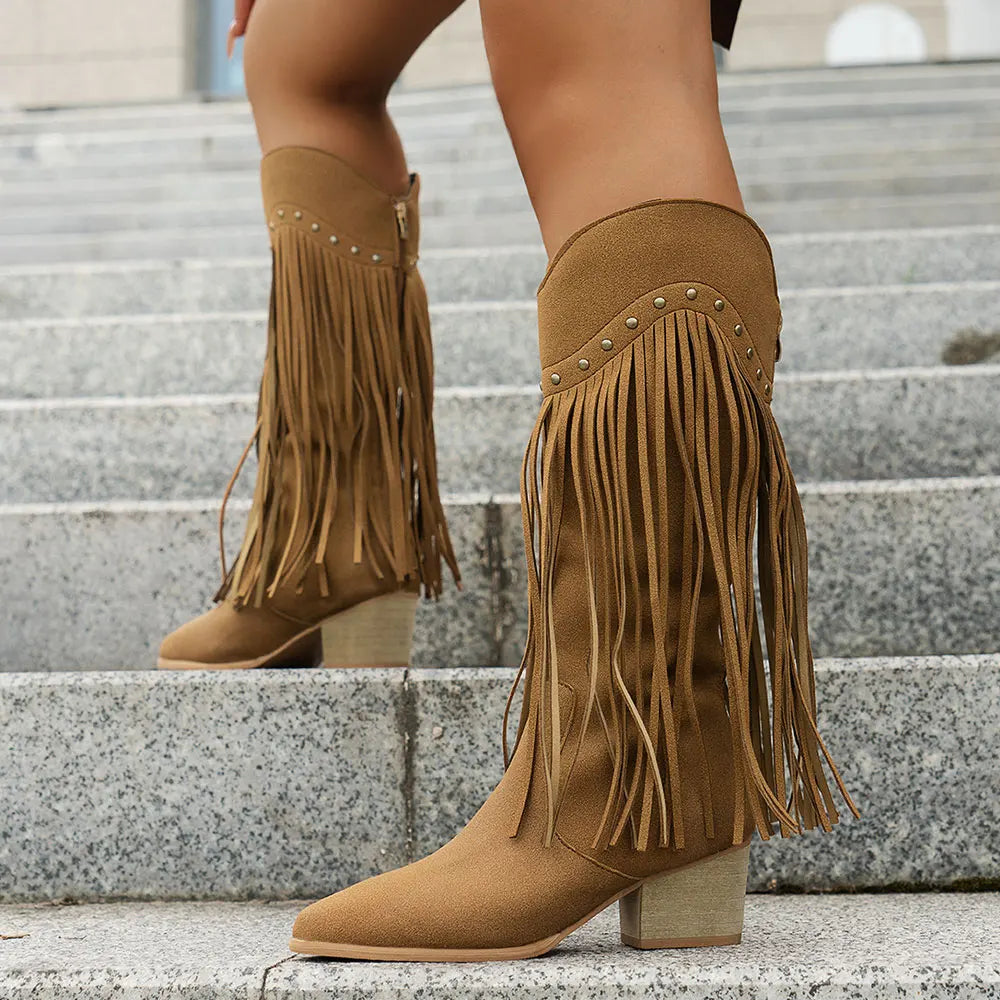 Halvwen | Damen Fransen-Stiefel Western Mid-Calf - Brown - Image 7