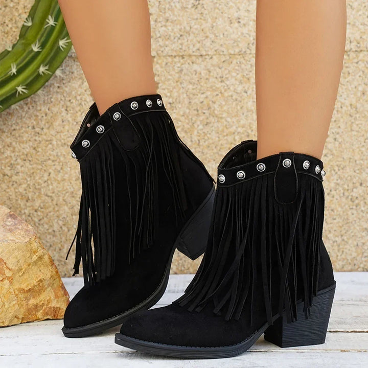 Halvwen | Damen Fransen-Stiefel Western Mid-Calf - Brown - Image 9