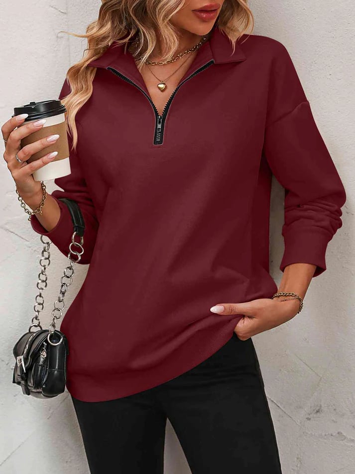 Halvwen | Damen Pullover Troyerkragen Reißverschluss - Hot Pink - Image 5