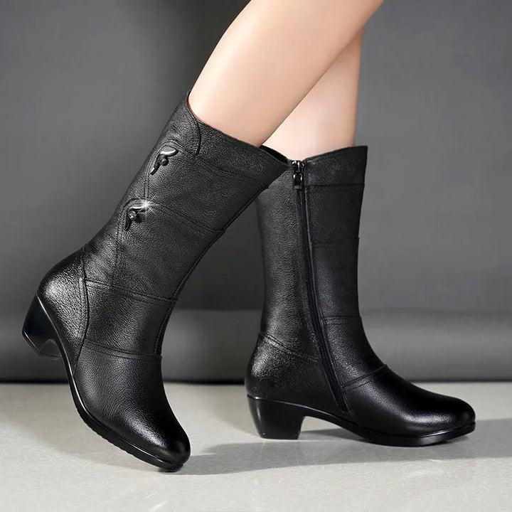 Halvwen | Damen Stiefel Wade Blockabsatz Schwarz - Black - Image 2