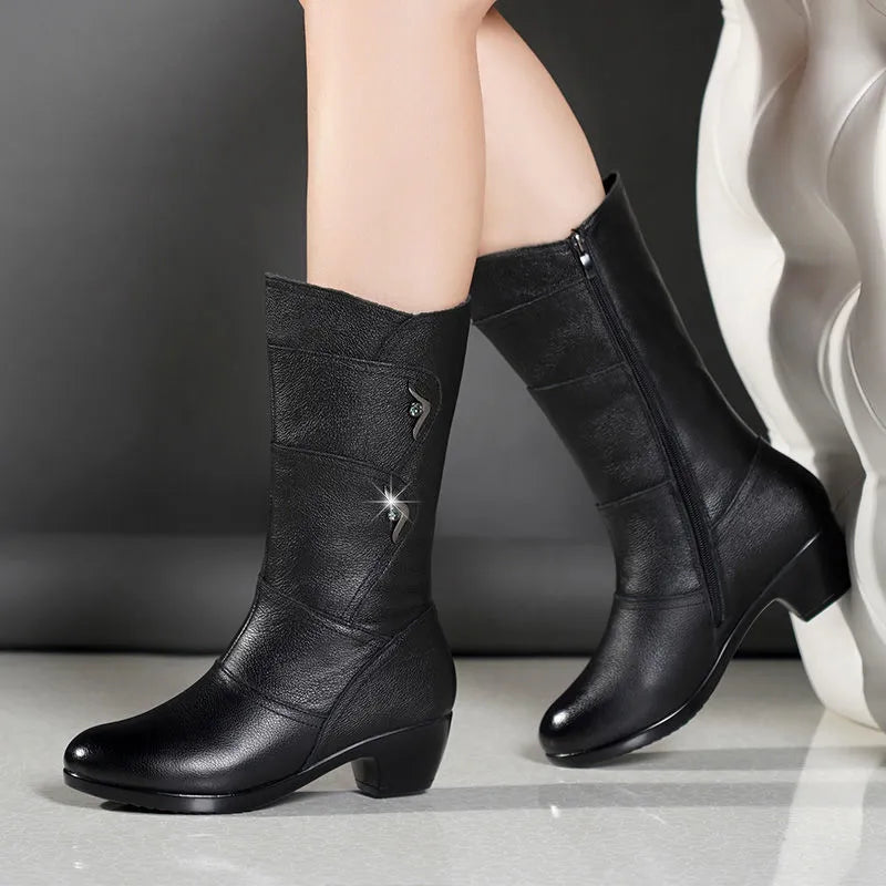 Halvwen | Damen Stiefel Wade Blockabsatz Schwarz - Black - Image 3