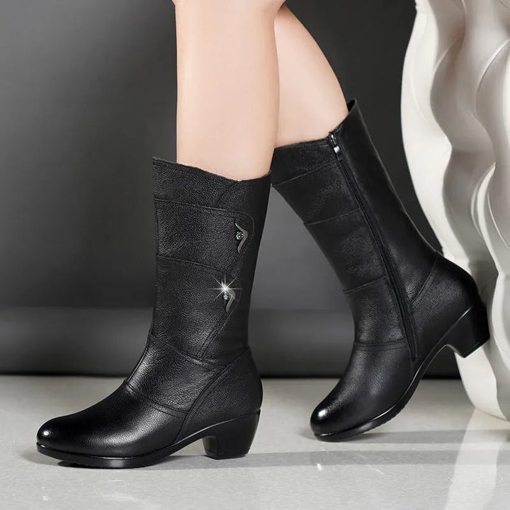 Halvwen | Damen Stiefel Wade Blockabsatz Schwarz - Black - Image 3