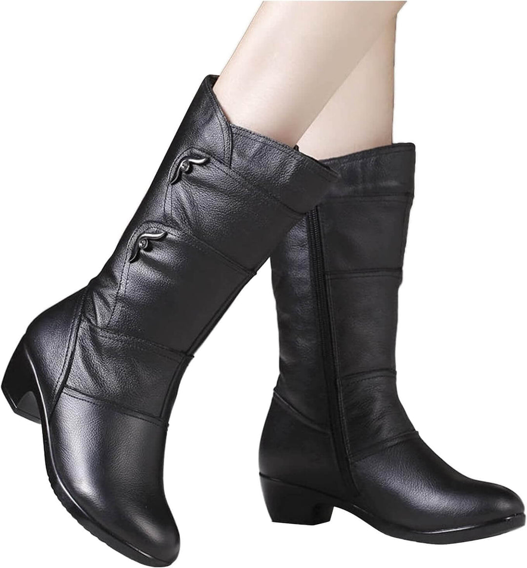 Halvwen | Damen Stiefel Wade Blockabsatz Schwarz - Black - Image 6
