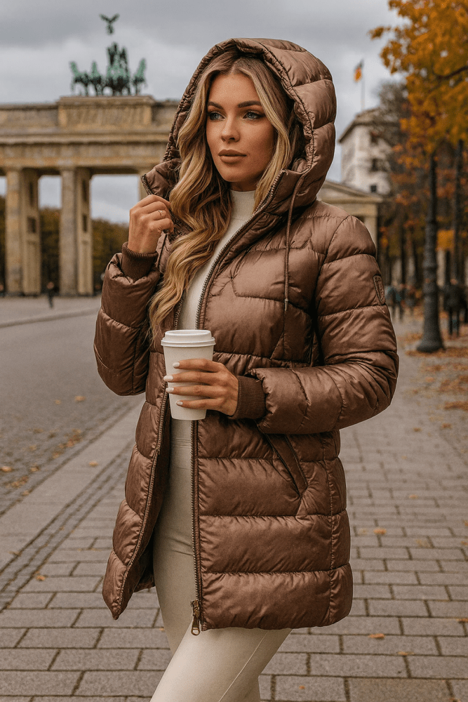 Heloise | Damen Lange Winterjacke mit Kapuze - Bronze - Image 1