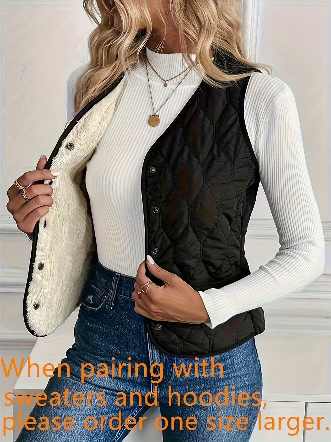 Hildrun | Damen Steppweste mit Sherpa-Futter - Black - Image 8