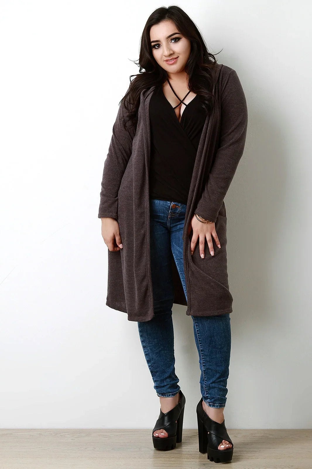Jorvaine | Damen Langer Cardigan mit Kapuze - Dark Brown - Image 1