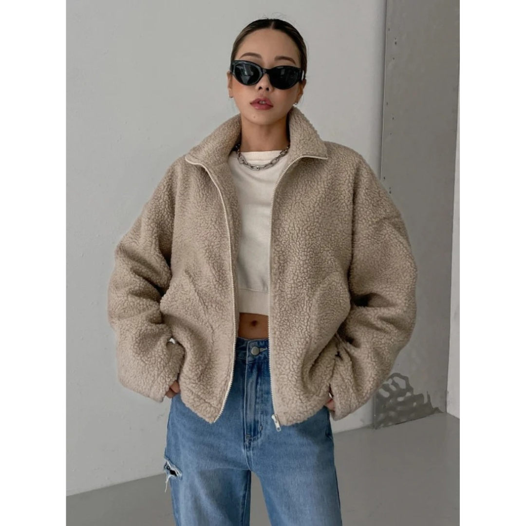 Kornvela | Damen Winterjacke Teddyfleece Oversized - Cream - Image 3