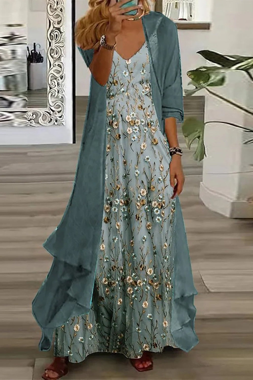 Lornveld | Damen Strickjacken-Set Geblümtes Maxikleid - Teal - Image 1