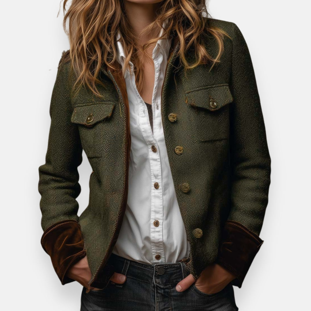 Lorvaine | Damen Fischgrät-Jacke mit Knopfleiste - Olive Green - Image 1