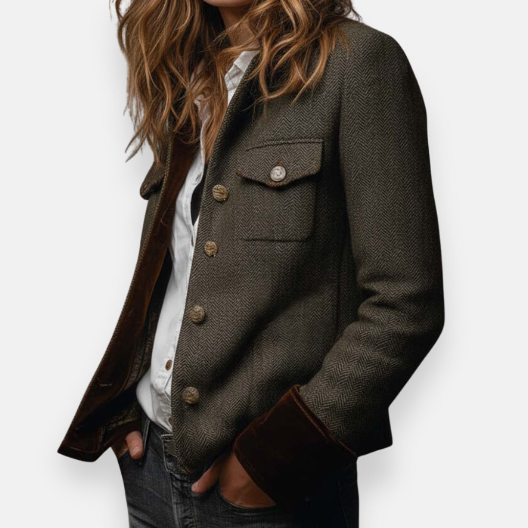 Lorvaine | Damen Fischgrät-Jacke mit Knopfleiste - Olive Green - Image 3