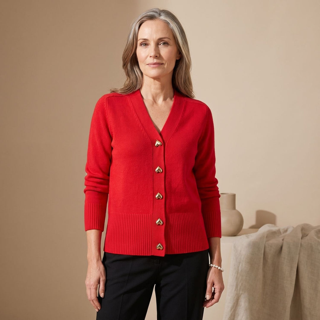 Lyndvore | Damen Strickjacke V-Ausschnitt Herzknöpfe - Red - Image 1