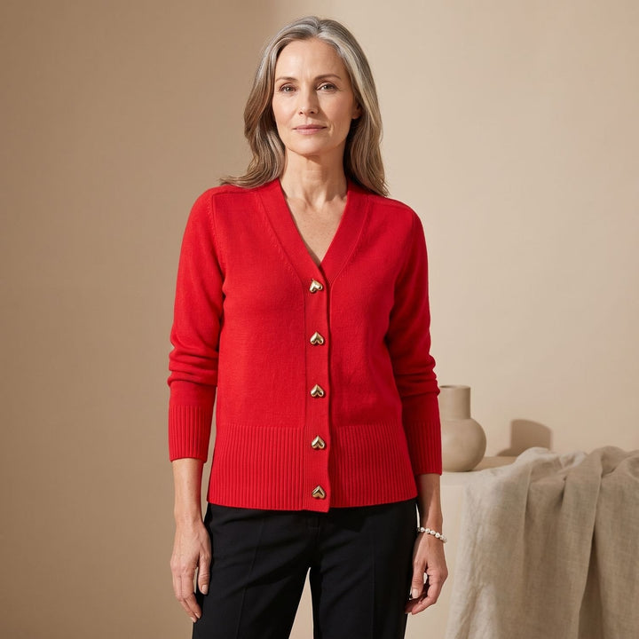 Lyndvore | Damen Strickjacke V-Ausschnitt Herzknöpfe - Red - Image 1